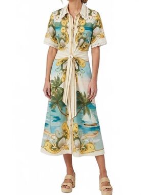 NEW FARM RIO Off White royal sea Collared midi dress in multicolor Size M Medium